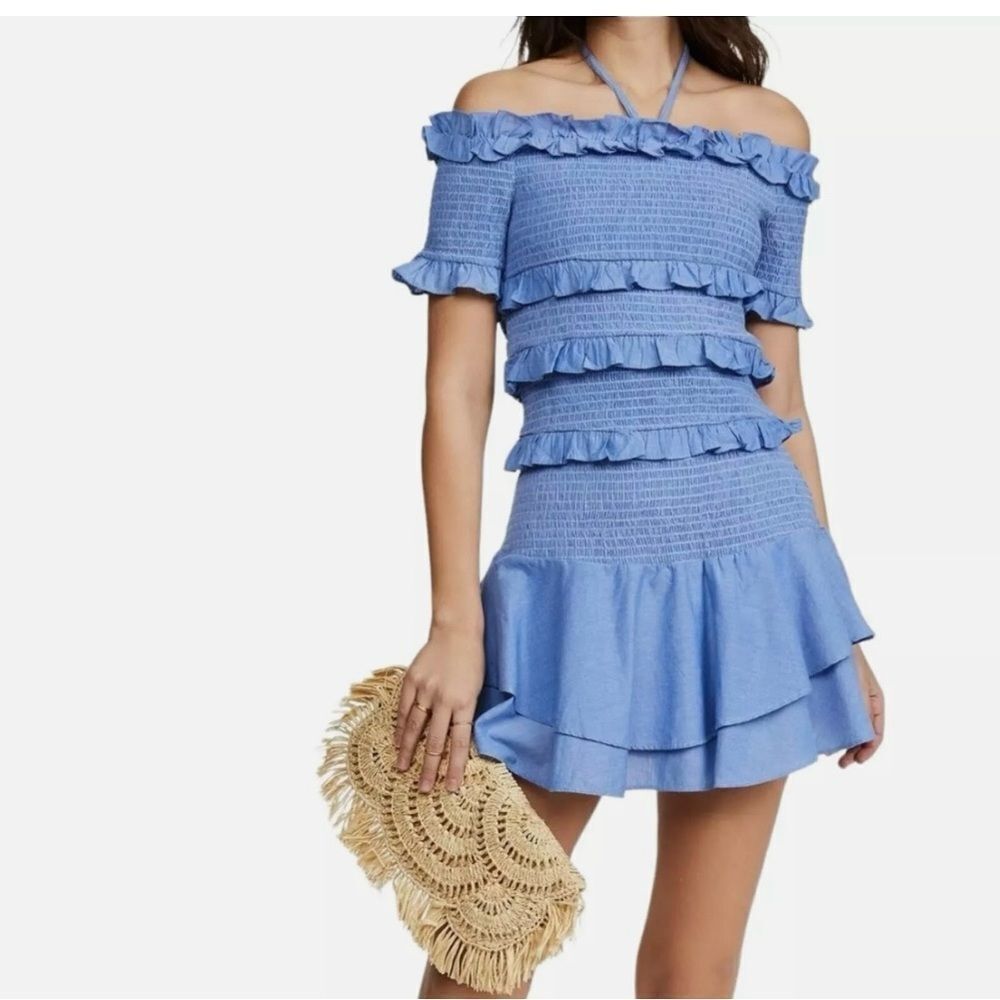 Red Carter Casella Smocked Ruffle Chambre Blue Off Shoulder Mini Dress XS